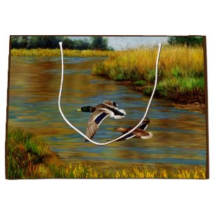 Mallard Ducks Flying Over Pond Large Gift Bag