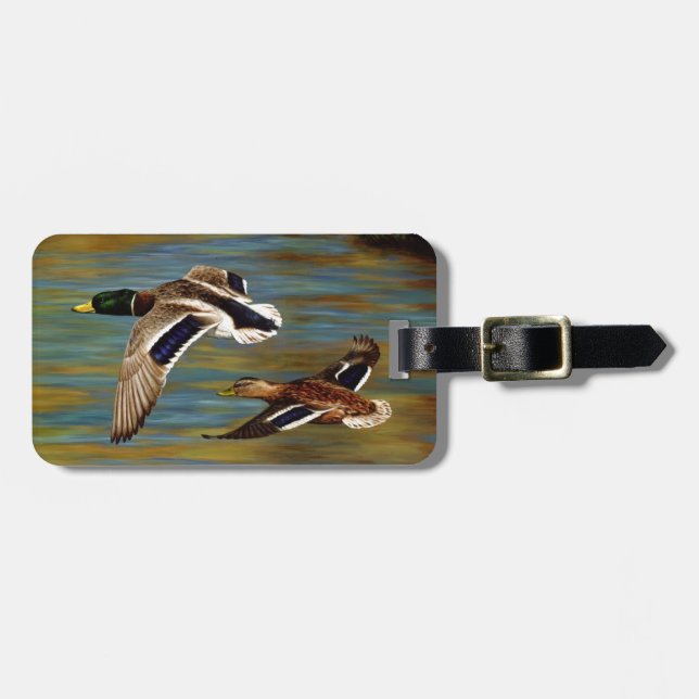 Mallard Ducks Flying Over Pond Luggage Tag (Front Horizontal)