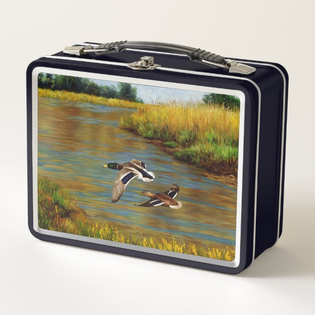 Mallard Ducks Flying Over Pond Metal Lunch Box (Front)
