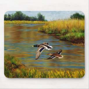 Mallard Ducks Flying Over Pond Mouse Mat