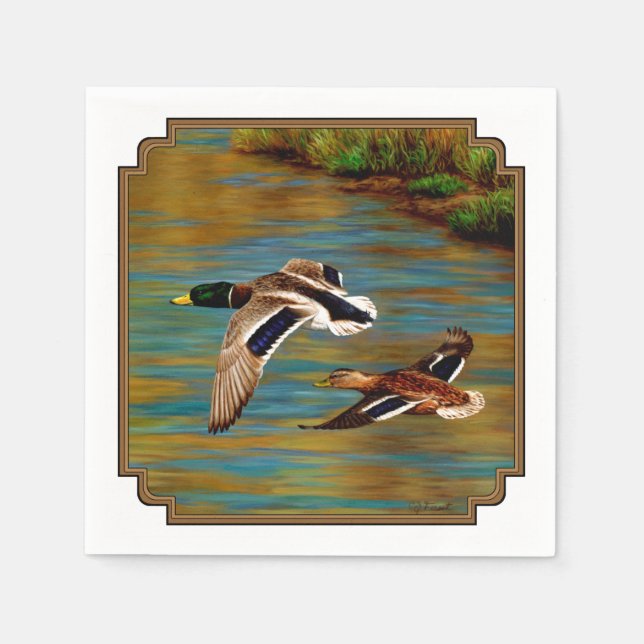 Mallard Ducks Flying Over Pond Napkin (Front)