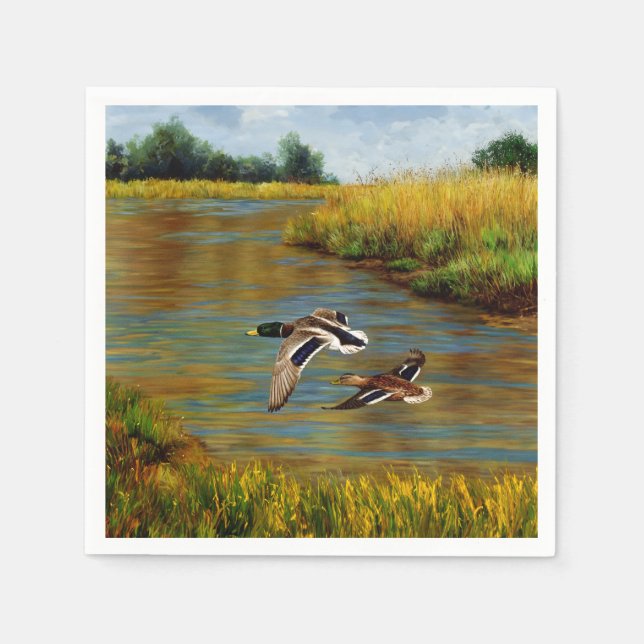 Mallard Ducks Flying Over Pond Napkin (Front)