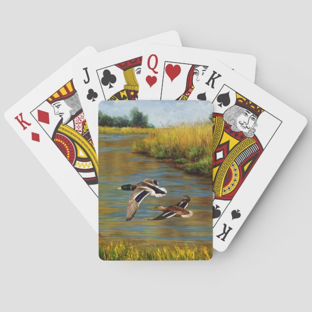 Mallard Ducks Flying Over Pond Playing Cards (Back)