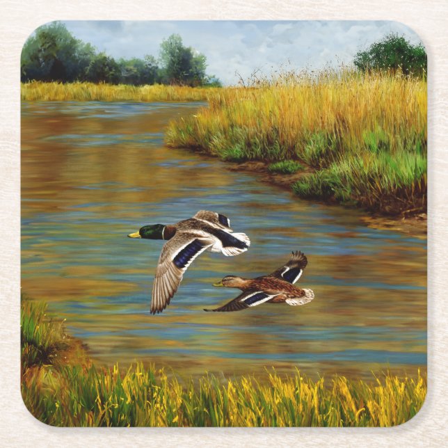 Mallard Ducks Flying Over Pond Square Paper Coaster (Front)