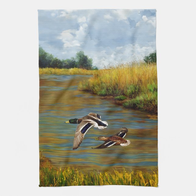 Mallard Ducks Flying Over Pond Tea Towel (Vertical)