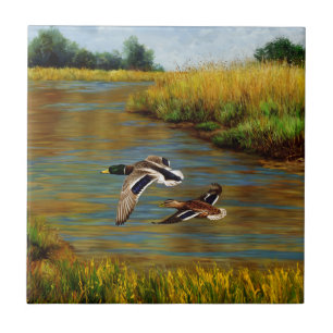 Mallard Ducks Flying Over Pond Tile