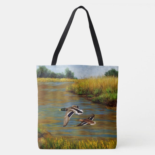 Mallard Ducks Flying Over Pond Tote Bag (Front)