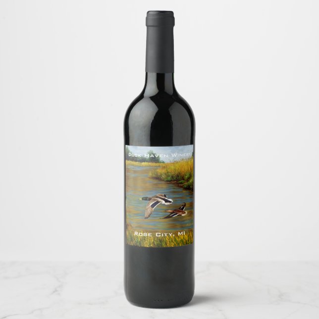 Mallard Ducks Flying Over Pond Wine Label (Front)