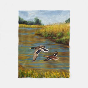 Mallard Ducks Flying over Water Fleece Blanket