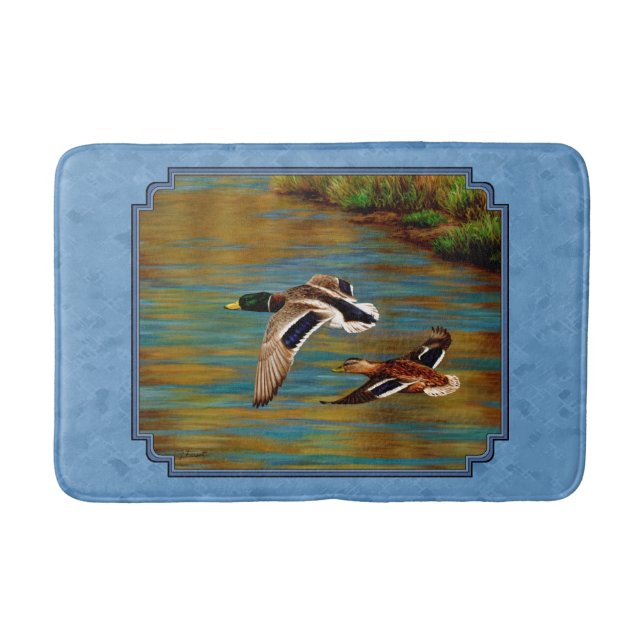Mallard Ducks Flying Sky Blue Bath Mat (Front)
