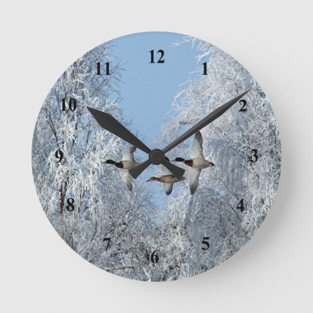 Mallard Ducks Flying Snow Photo Round Clock (Front)