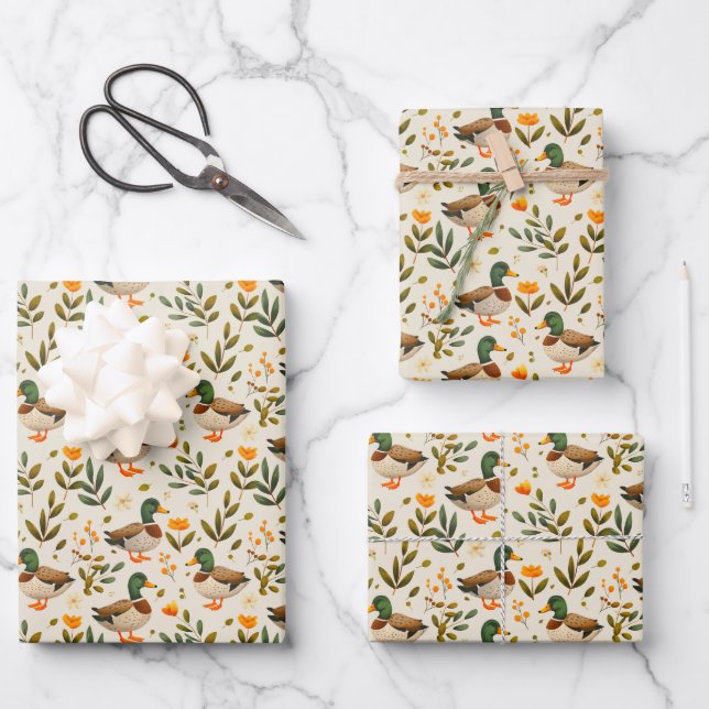 Mallard Ducks in A Forest Pattern Wrapping Paper Sheet (Front)