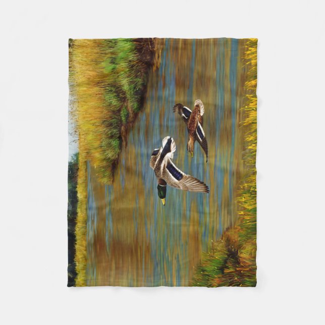 Mallard Ducks in Flight Teal Fleece Blanket (Front)