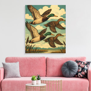 Mallard Ducks in Flight Wildlife Art Canvas Print