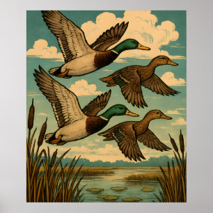 Mallard Ducks in Flight Wildlife Art Poster