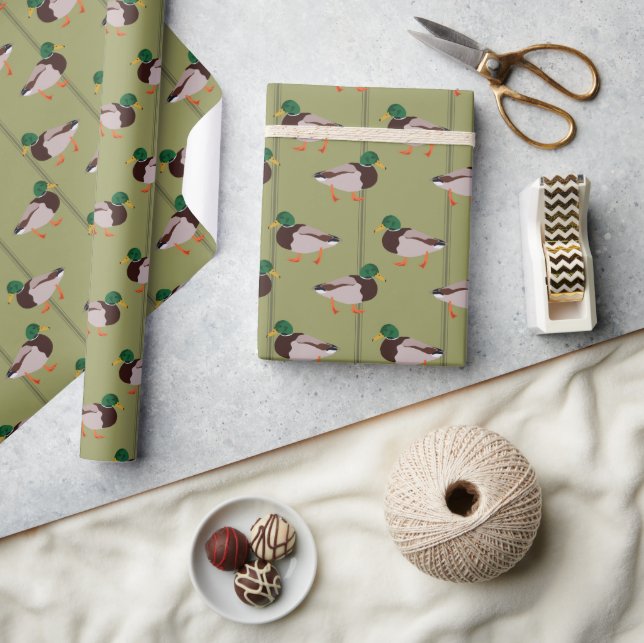 Mallard Ducks with Olive Green Stripes Wrapping Paper (Crafts)
