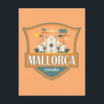 Mallorca Spain Travel Retro Badge Postcard<br><div class="desc">Mallorca retro travel design in an emblem style showcasing Santa María Cathedral. Mallorca (Majorca) is one of Spain's Balearic Islands in the Mediterranean.</div>