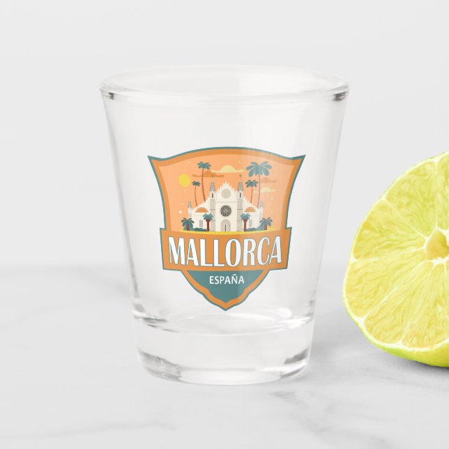 Mallorca Spain Travel Retro Badge Shot Glass (Front)