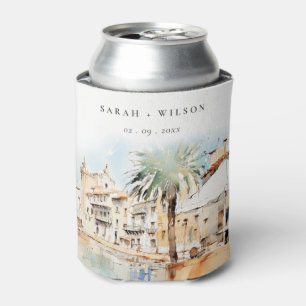 Mallorca Spain Watercolor Landscape Wedding Can Cooler