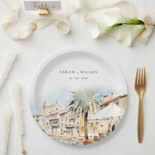 Mallorca Spain Watercolor Landscape Wedding Paper Plate
