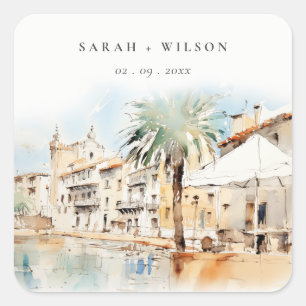 Mallorca Spain Watercolor Landscape Wedding Square Sticker