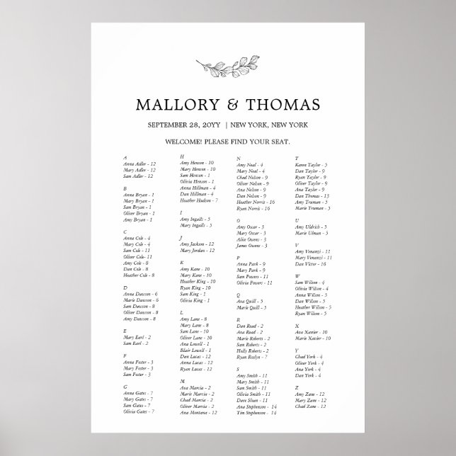 Mallory Elegant Alphabetical Seating Chart (Front)