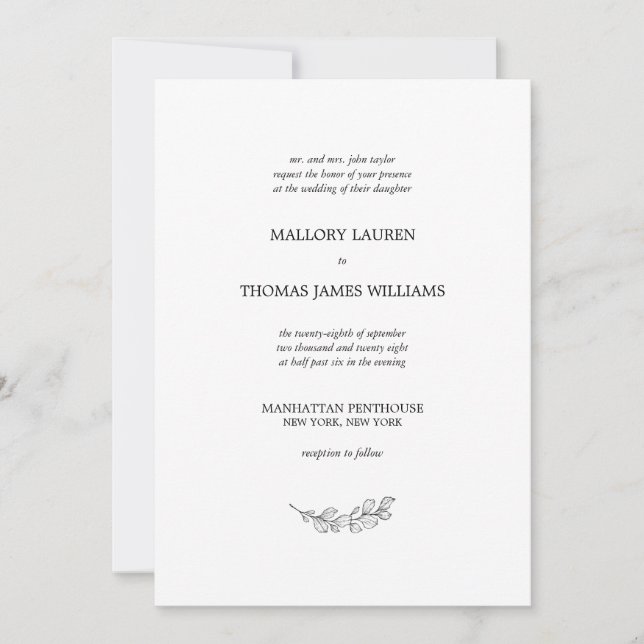 Mallory Elegant Simple Botanical Leaf Wedding Invitation (Front)