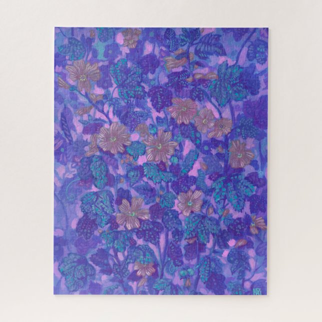 Mallow Bloom, Malva Flowers Floral Painting Purple Jigsaw Puzzle (Vertical)
