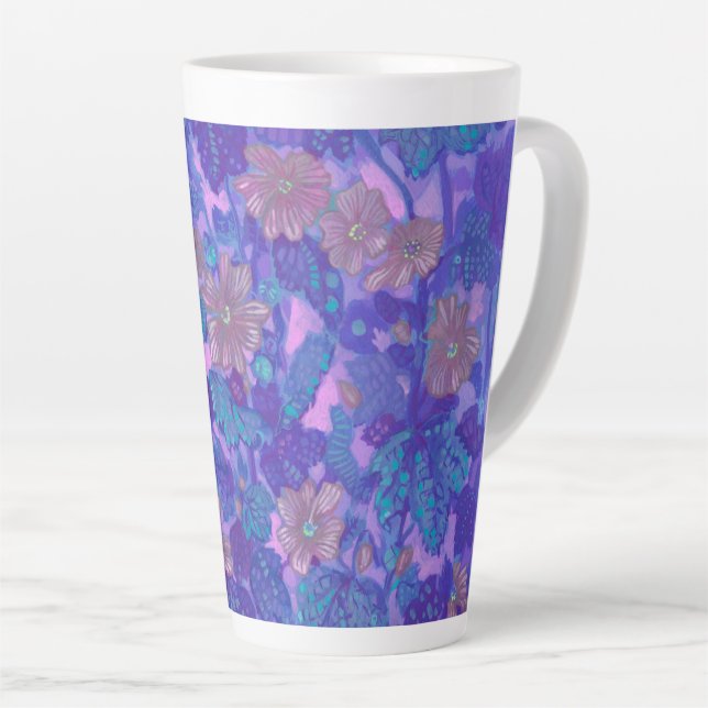 Mallow Bloom, Malva Flowers Floral Painting Purple Latte Mug (Right Angle)