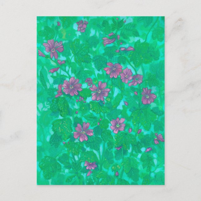Mallow Bloom, Malva Flowers Summer Floral Painting Postcard (Front)