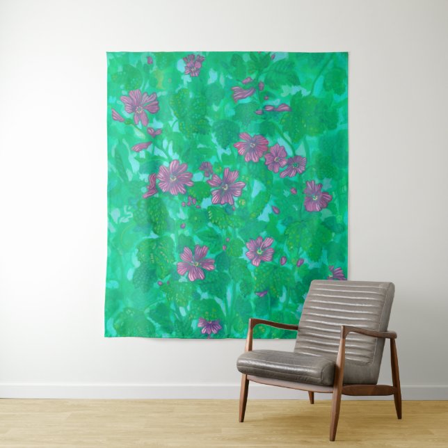 Mallow Bloom, Malva Flowers Summer Floral Painting Tapestry (In Situ)
