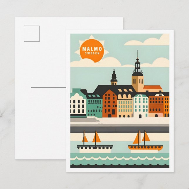 Malmo Sweden Art Vintage Travel Illustration Postcard (Front/Back)