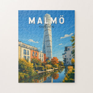 Malmo Sweden Illustration Travel Art Vintage Jigsaw Puzzle