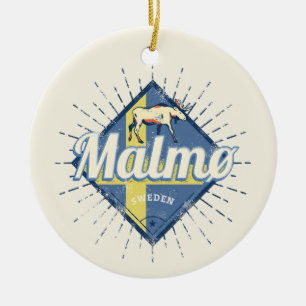 Malmo Sweden Retro Flag Vintage Moose Souvenir Ceramic Tree Decoration