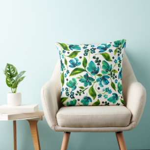Malorie - Teal Blue and Green Watercolor Floral Cushion
