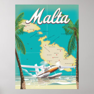 Malta beach & map travel poster