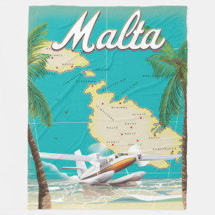 Malta beach & map travel poster fleece blanket