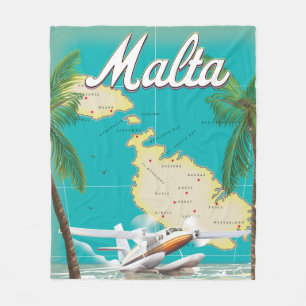 Malta beach & map travel poster fleece blanket