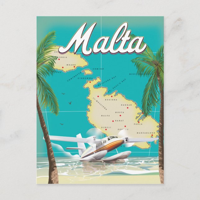 Malta beach & map travel poster postcard (Front)