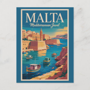 Malta Coast Illustration Travel Art Vintage Postcard