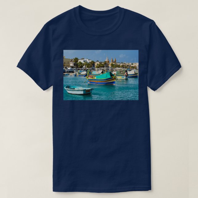 Malta Traditional Fishing Boats in Marsaxlokk T-Shirt (Design Front)