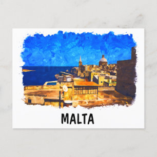 Malta Valletta Watercolor Vintage Travel Postcard
