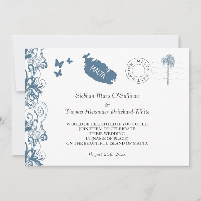 Malta Wedding Invitation In Malta Blue (Front)