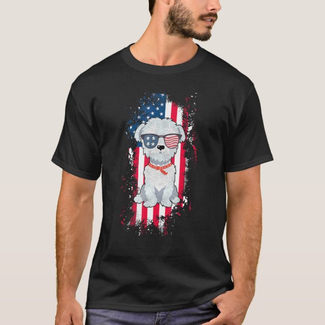 Maltese American Flag Patriotic Sunglasses Dog 4th T-Shirt (Front)