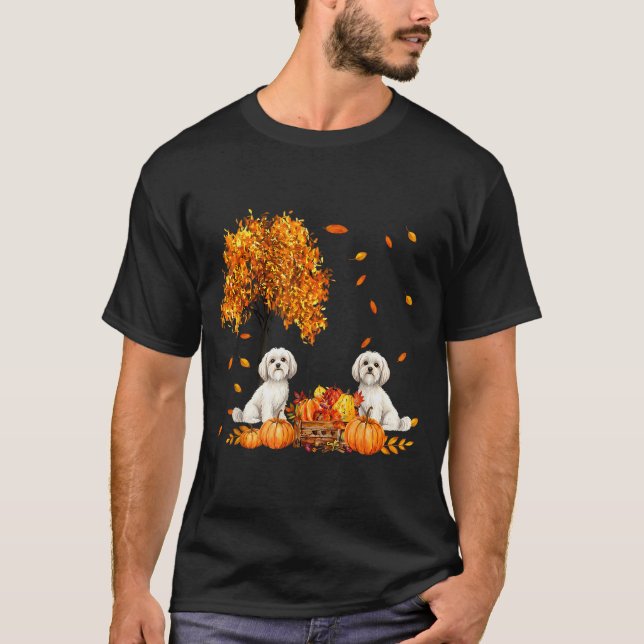 Maltese Autumn Leaf Fall Dog Lover Halloween Thank T-Shirt (Front)