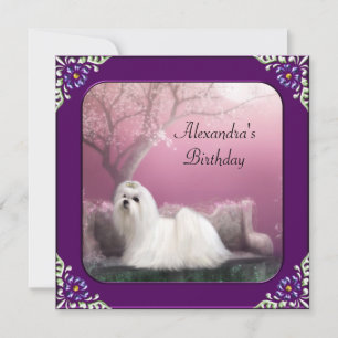 Maltese & Cherry Blossom Park Purple Frame Invitation
