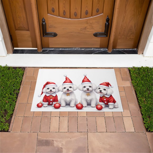 Maltese Christmas Dress Santa Hat Doormat (Outdoor)