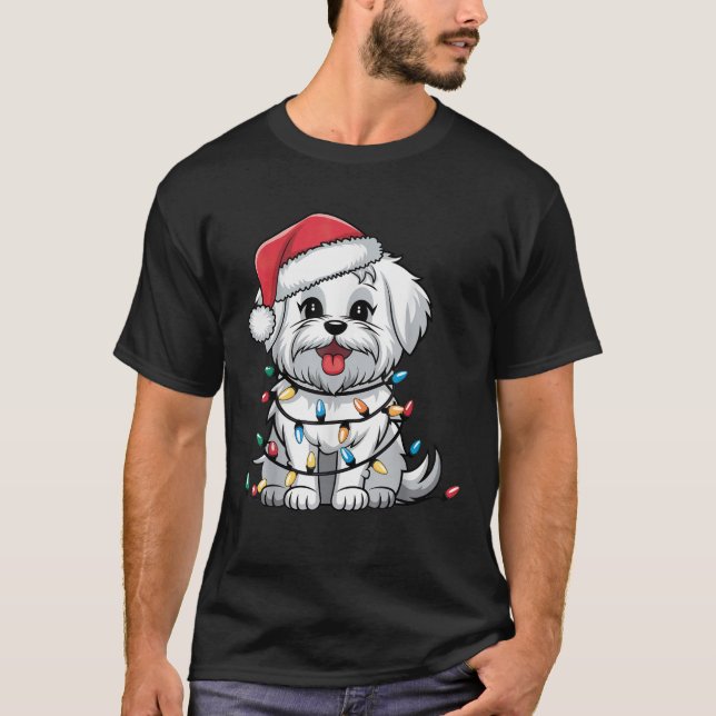 Maltese Christmas Lights Xmas Dogs Gifts for Men W T-Shirt (Front)