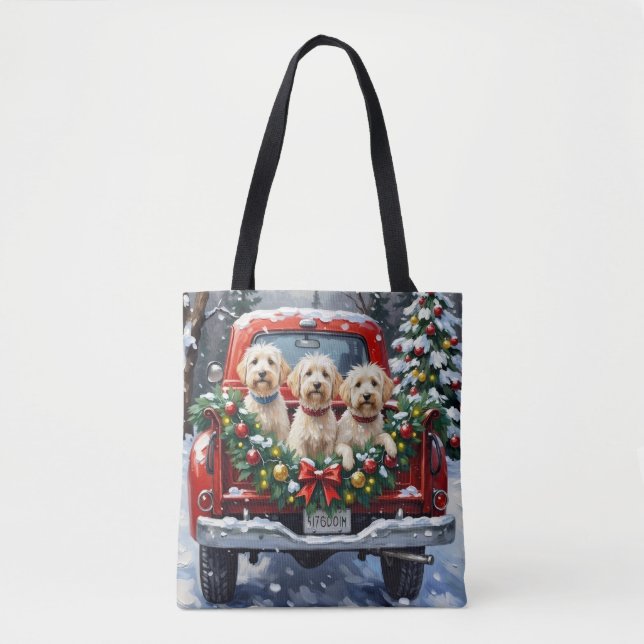 Maltese Christmas Red Truck Holiday Tote Bag (Front)