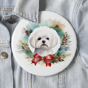 Maltese Christmas Wreath Festive Pup 6 Cm Round Badge